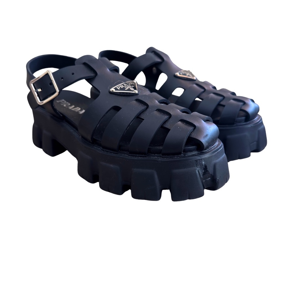 Prada Black Monolith Sandals Silver Hardware Buckle 39 Size 8 m EUC